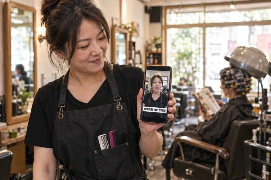 美髮店老闆拿著手機,畫面裡是她的數字人正在介紹本週燙髮優惠
