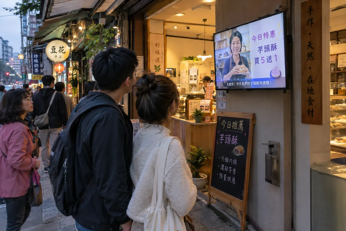 店門口的螢幕播著老闆介紹今日優惠,路過的人停下來看