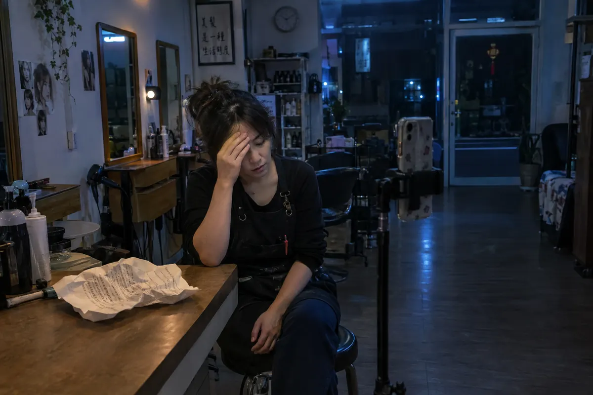 深夜打烊後,美髮店老闆坐在架好的手機前扶著額頭,又講錯重來