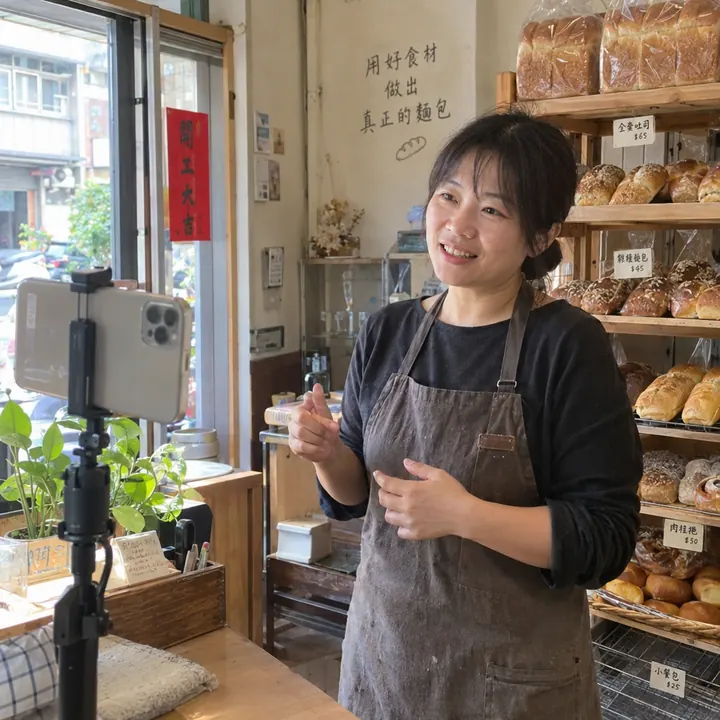 麵包店老闆在店裡用手機架錄一段短片